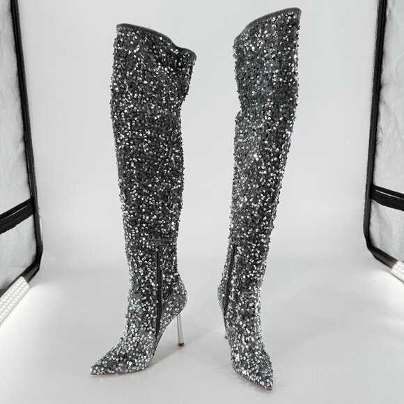 Steve Madden Silver Sequin Over-The-Knee Pointed Toe Stiletto Heel Boots Size 7 - Picture 3 of 15